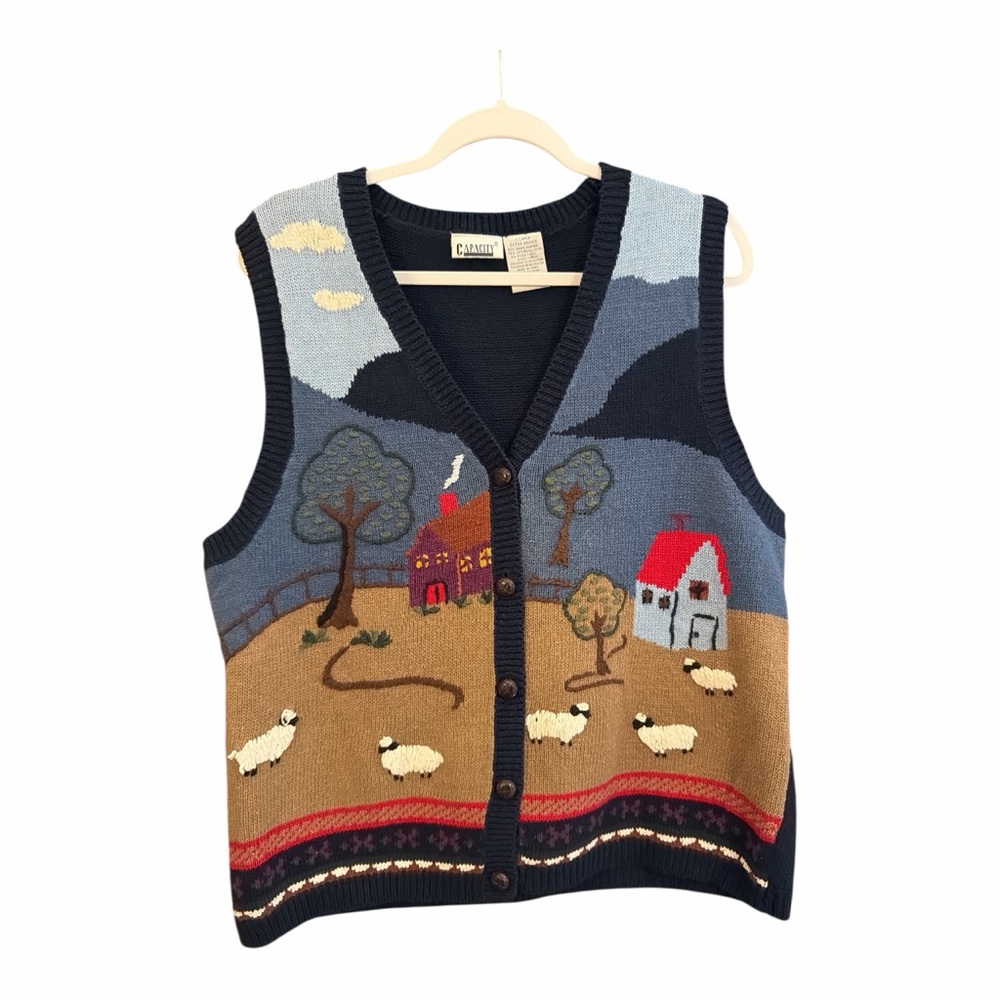Capacity Cottagecore Sheep Landscape Sweater‎ Vest XL Button Front Americana XY1